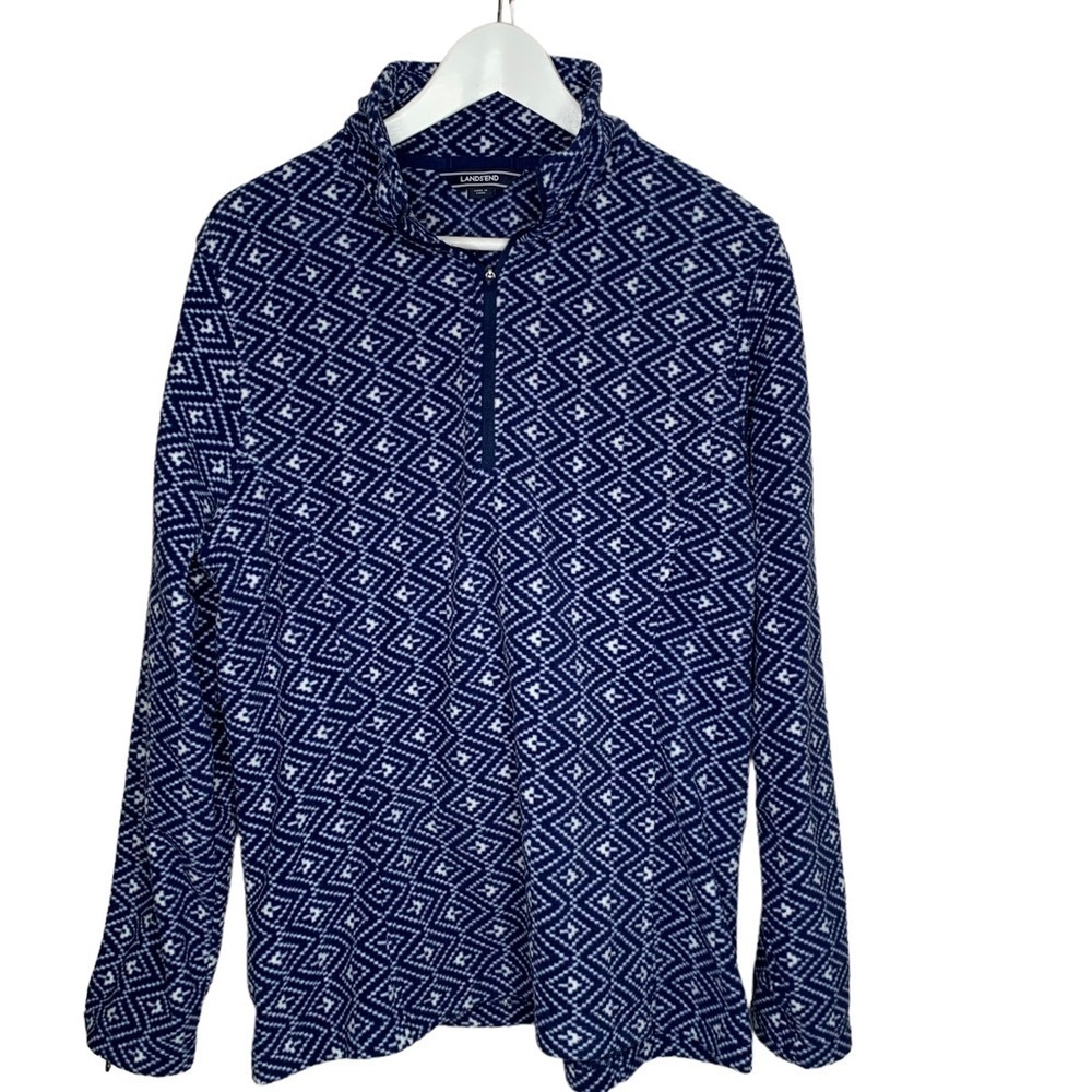 Lands’ End Womens Pullover Fleece Jacket Large 14/16 Blue White Geometric